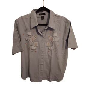 Club Z Collection Blouse, Women's Plus Sz 1X, Embroidered Patches, Button Up EUC